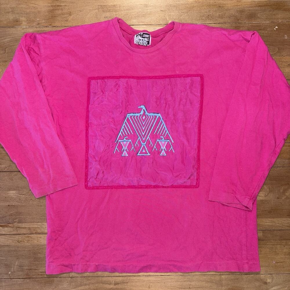 Johnny Was T-Shirt Vintage 3/4 Sleeve Embroidered Print Silk Pink Oversized OSFA